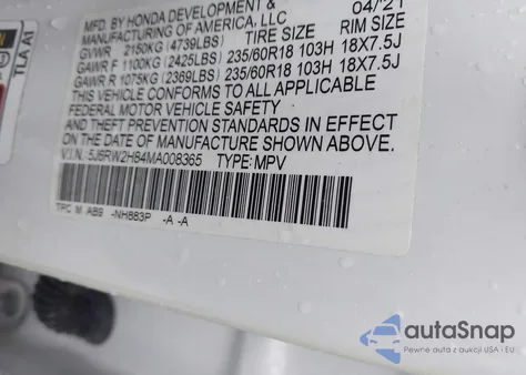 2021 Honda Cr-V Awd Ex-L z USA, uszkodzony, nr VIN 5J6RW2H84MA008365